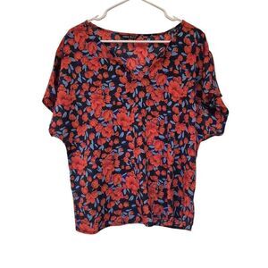 Shein Women's Red & Blue Poly Floral Dolman Sleeve Top